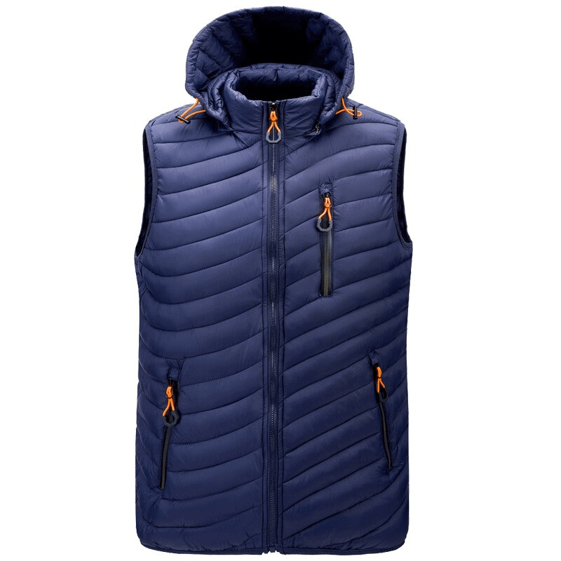 Stylish sports warmed men's vest with hood and zippered pockets, navy blue, perfect for autumn activities like hiking and climbing.